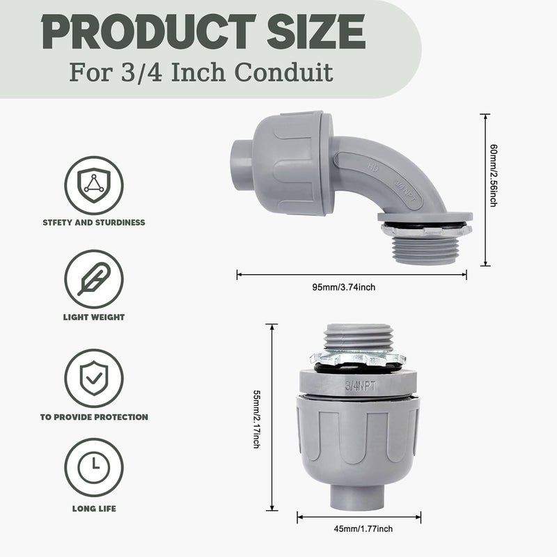 Feotech 50 Pack 3/4 Inch Liquid Tight Connectors - PVC Electrical Conduit Fittings, Straight, 90 and 180 Degree Non-Metallic Flexible Connectors for Home, Bathroom, and Kitchen, Gray - Image 2